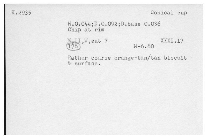 Index card with typed and handwritten information, sometimes including a sketch, of pottery from an excavation.