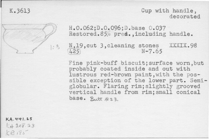 Index card with typed and handwritten information, sometimes including a sketch, of pottery from an excavation.