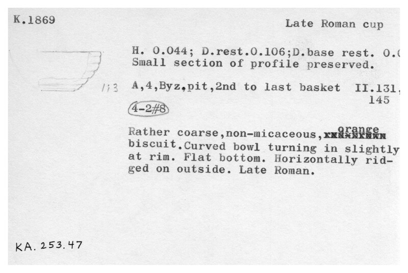 Index card with typed and handwritten information, sometimes including a sketch, of pottery from an excavation.