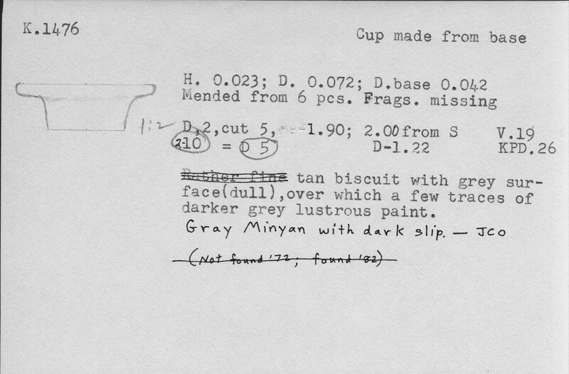 Index card with typed and handwritten information, sometimes including a sketch, of pottery from an excavation.