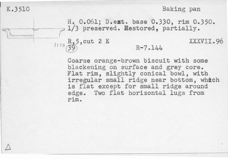 Index card with typed and handwritten information, sometimes including a sketch, of pottery from an excavation.