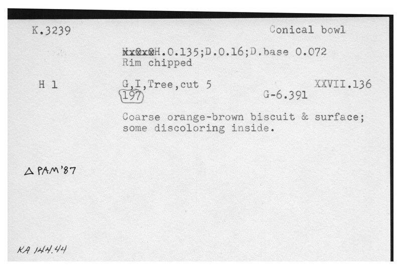 Index card with typed and handwritten information, sometimes including a sketch, of pottery from an excavation.