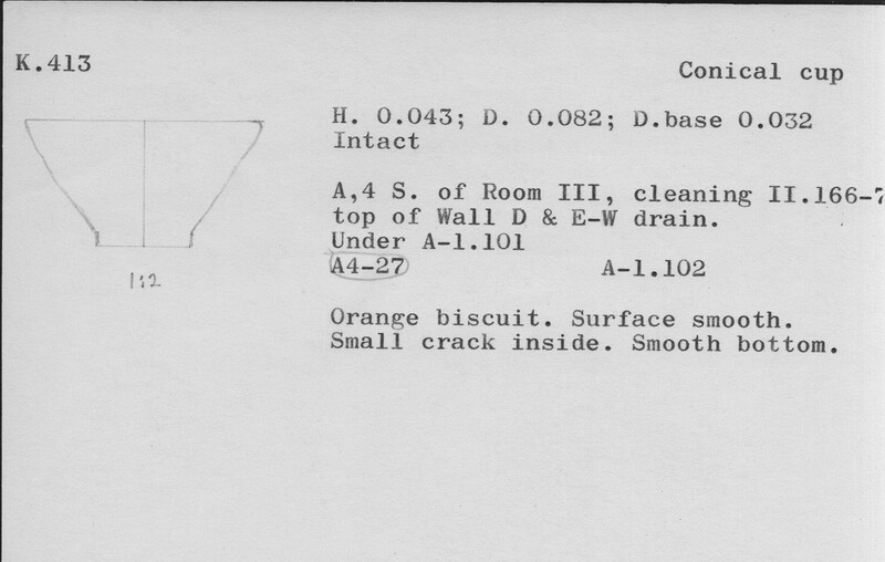 Index card with typed and handwritten information, sometimes including a sketch, of pottery from an excavation.