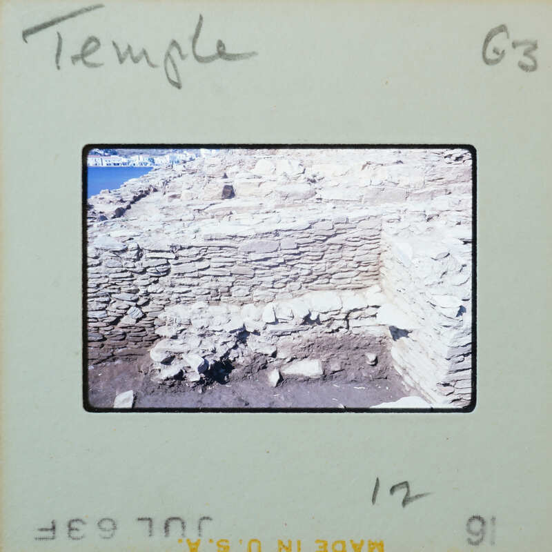 Old, crumbling stone ruins of a temple with vegetation growing on them.