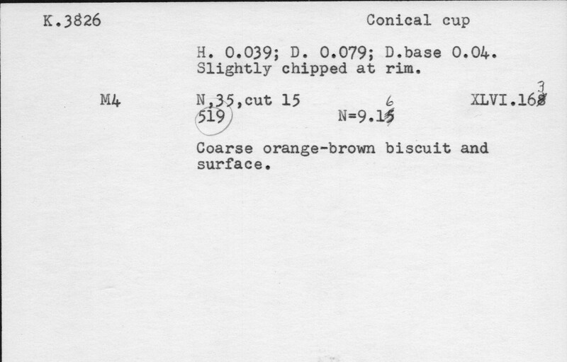 Index card with typed and handwritten information, sometimes including a sketch, of pottery from an excavation.