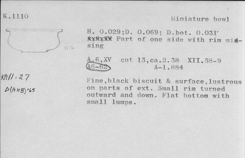 Index card with typed and handwritten information, sometimes including a sketch, of pottery from an excavation.