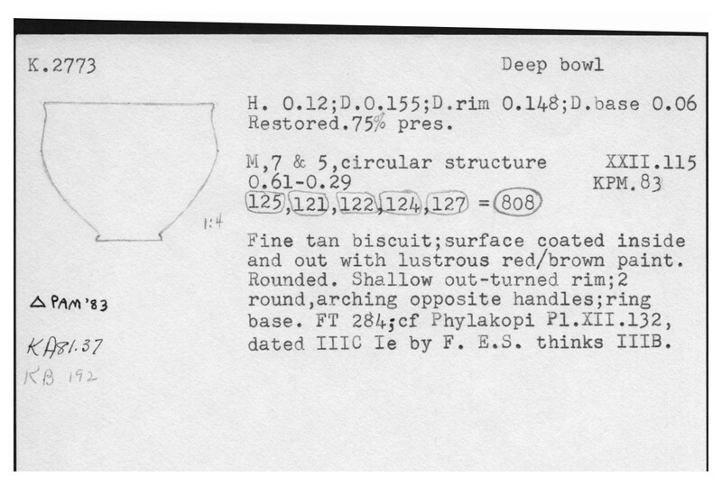 Index card with typed and handwritten information, sometimes including a sketch, of pottery from an excavation.