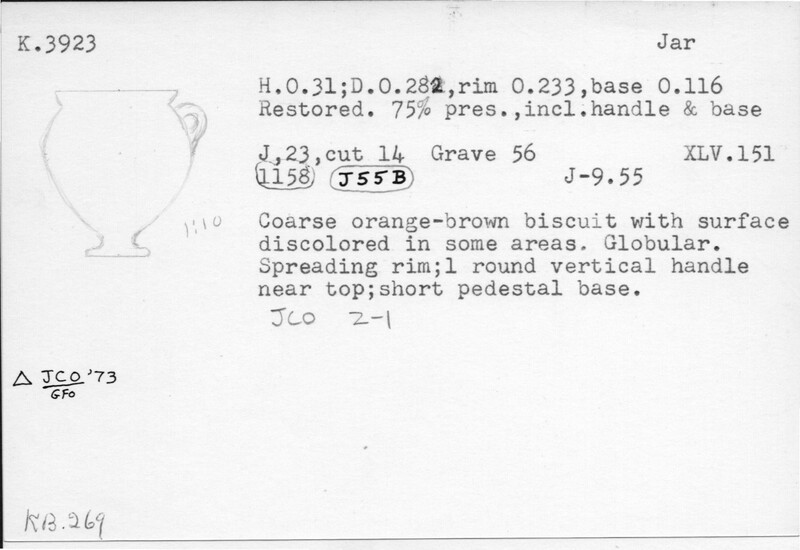 Index card with typed and handwritten information, sometimes including a sketch, of pottery from an excavation.