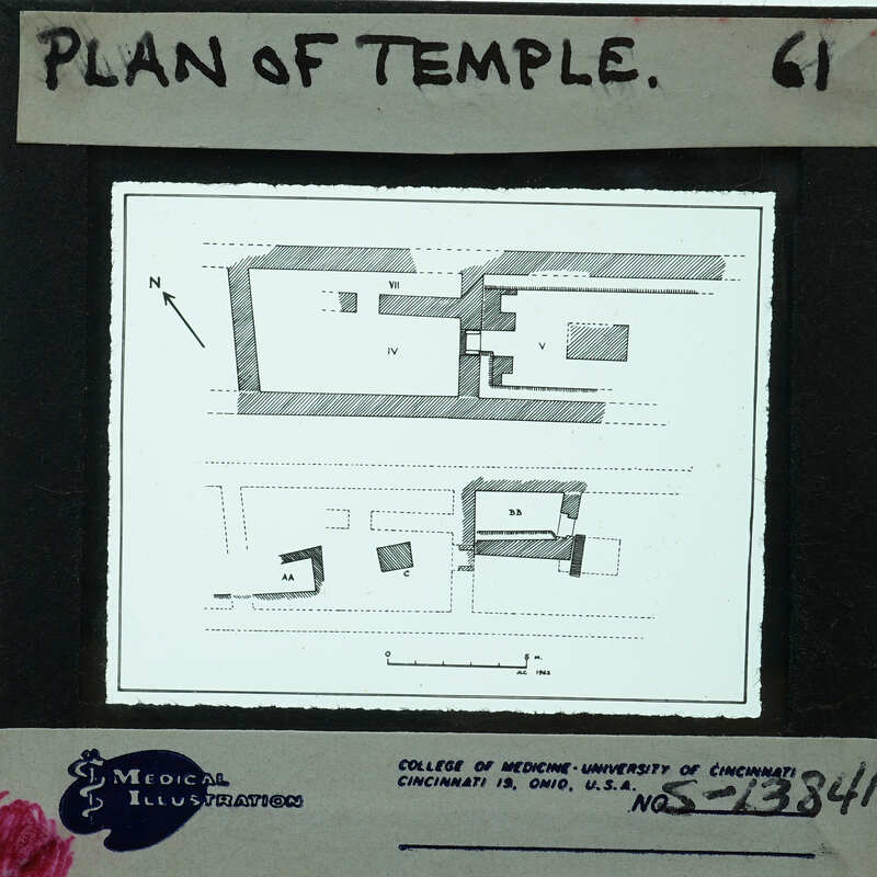 Black and white diagram of a temple plan with annotations, possibly from an educational setting or museum exhibit.