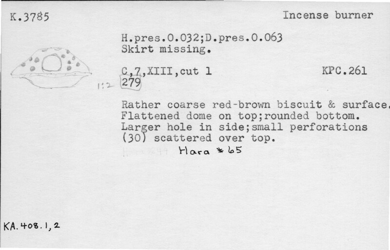 Index card with typed and handwritten information, sometimes including a sketch, of pottery from an excavation.