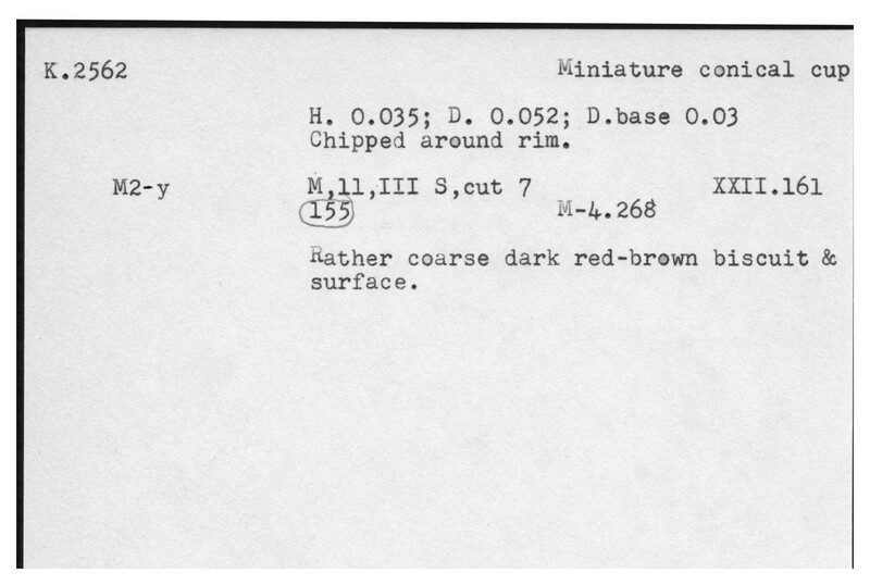 Index card with typed and handwritten information, sometimes including a sketch, of pottery from an excavation.