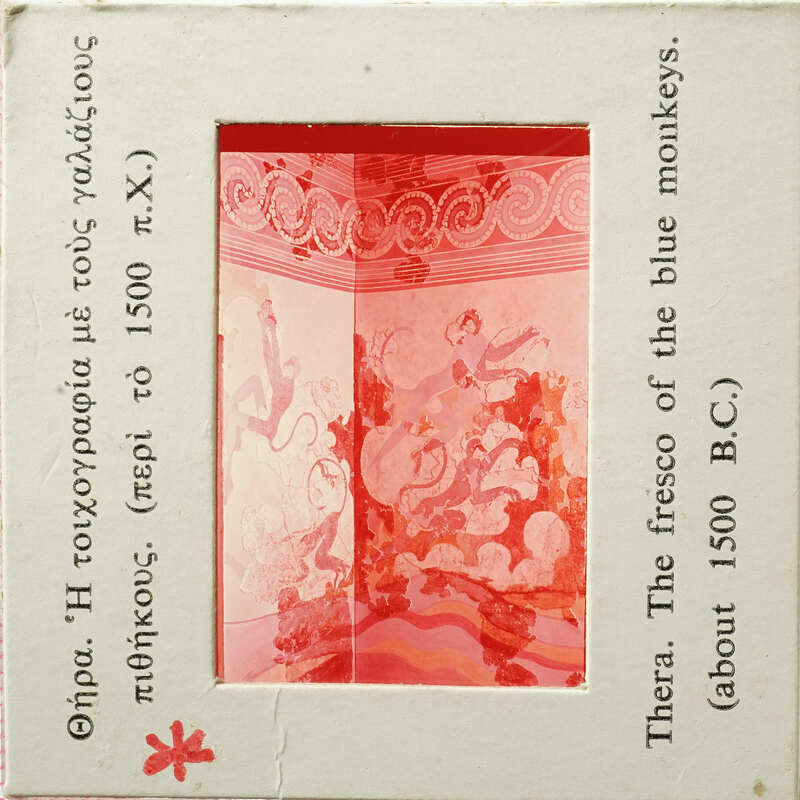 Ancient Greek vase with mythological figures, displayed on a card with historical context.