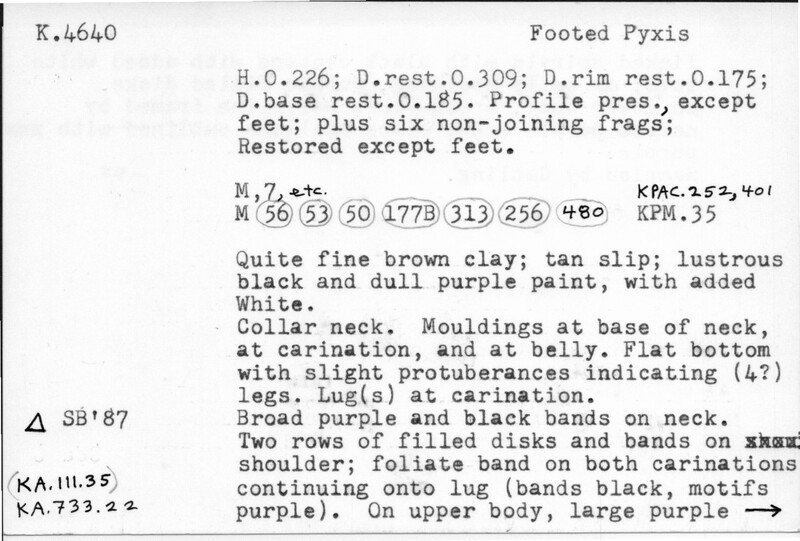 Index card with typed and handwritten information, sometimes including a sketch, of pottery from an excavation.