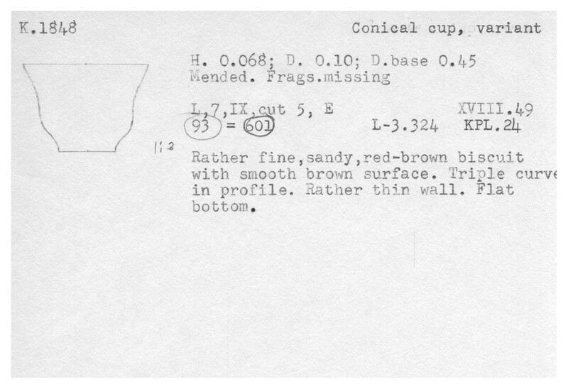 Index card with typed and handwritten information, sometimes including a sketch, of pottery from an excavation.