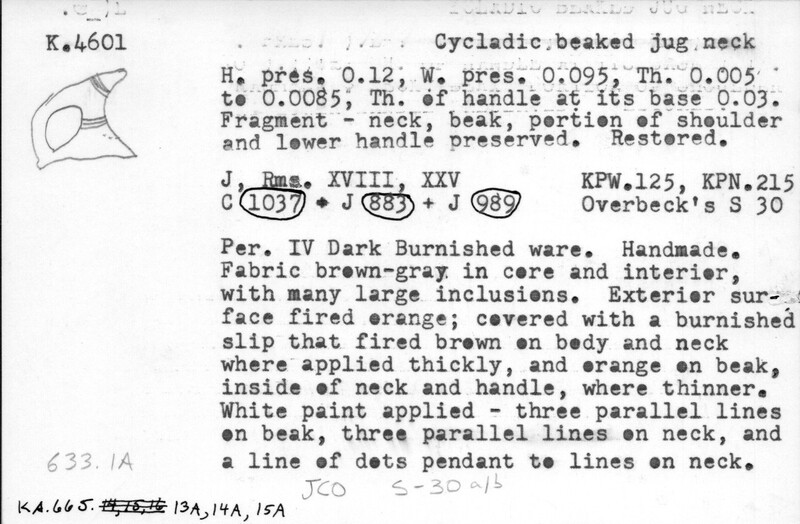 Index card with typed and handwritten information, sometimes including a sketch, of pottery from an excavation.