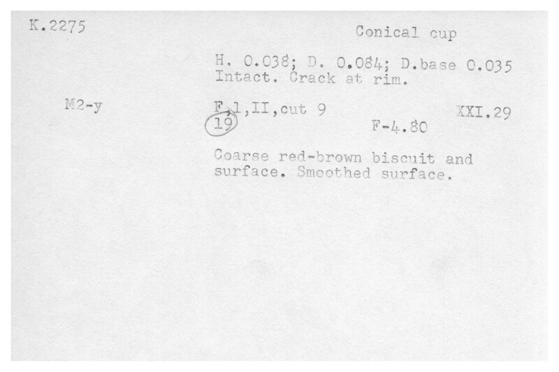 Index card with typed and handwritten information, sometimes including a sketch, of pottery from an excavation.