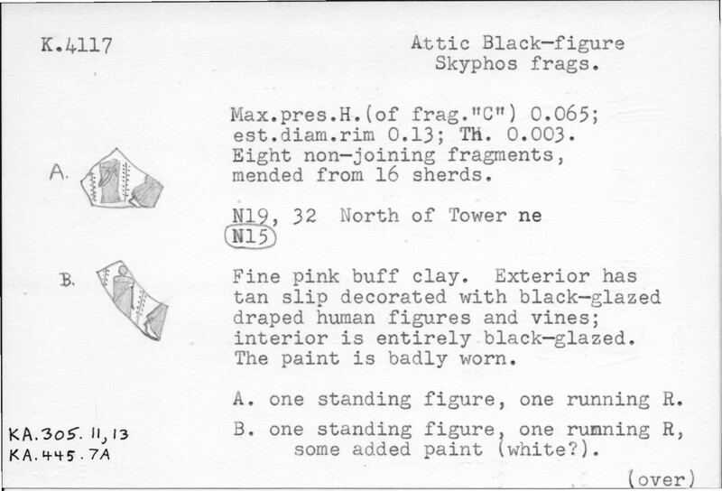 Index card with typed and handwritten information, sometimes including a sketch, of pottery from an excavation.