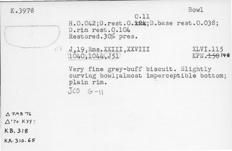 Index card with typed and handwritten information, sometimes including a sketch, of pottery from an excavation.