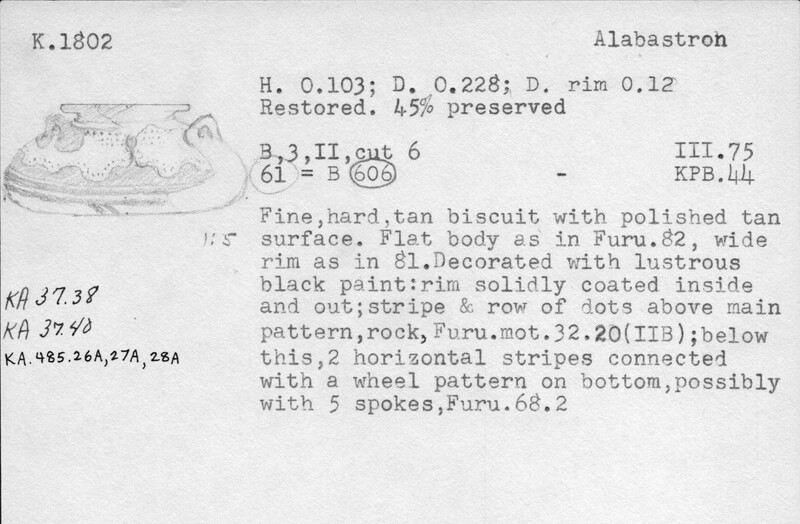 Index card with typed and handwritten information, sometimes including a sketch, of pottery from an excavation.