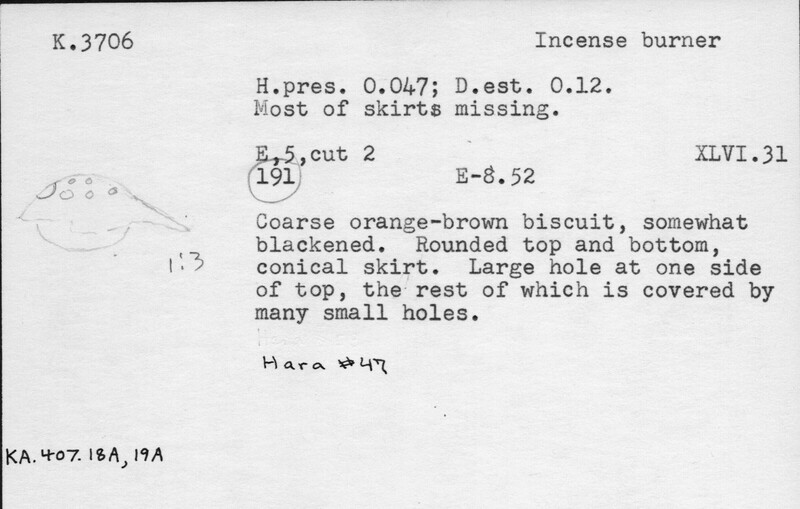 Index card with typed and handwritten information, sometimes including a sketch, of pottery from an excavation.