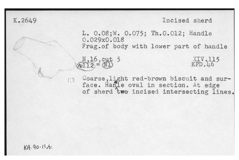 Index card with typed and handwritten information, sometimes including a sketch, of pottery from an excavation.