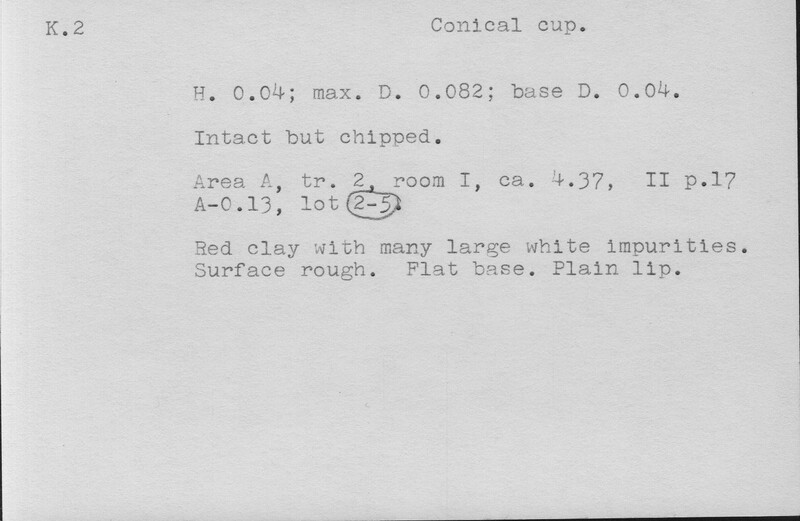 Index card with typed and handwritten information, sometimes including a sketch, of pottery from an excavation.