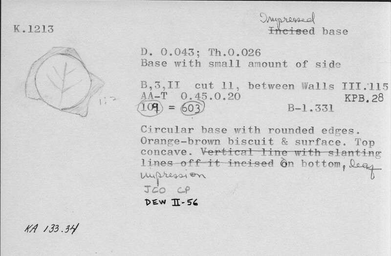 Index card with typed and handwritten information, sometimes including a sketch, of pottery from an excavation.