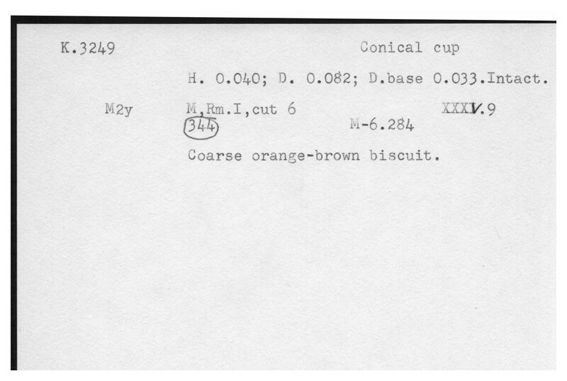 Index card with typed and handwritten information, sometimes including a sketch, of pottery from an excavation.
