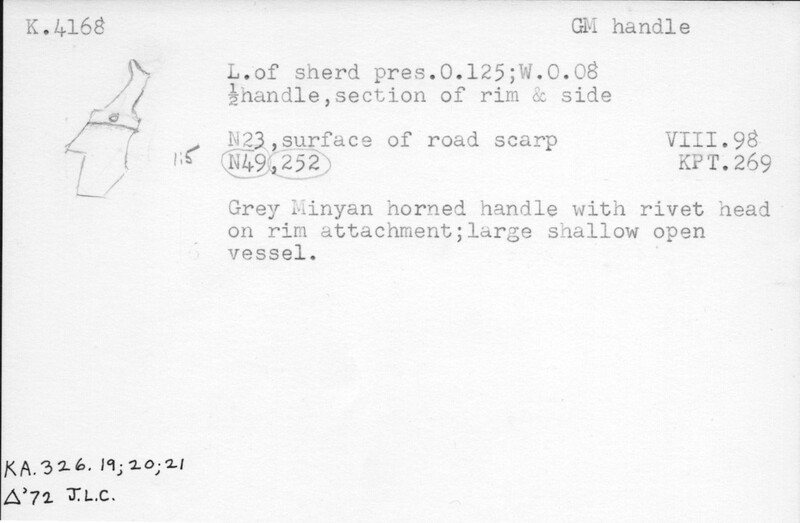 Index card with typed and handwritten information, sometimes including a sketch, of pottery from an excavation.