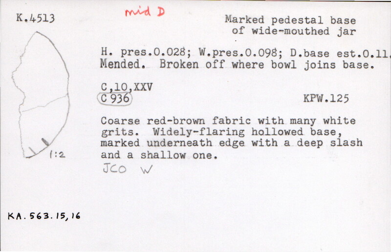 Index card with typed and handwritten information, sometimes including a sketch, of pottery from an excavation.