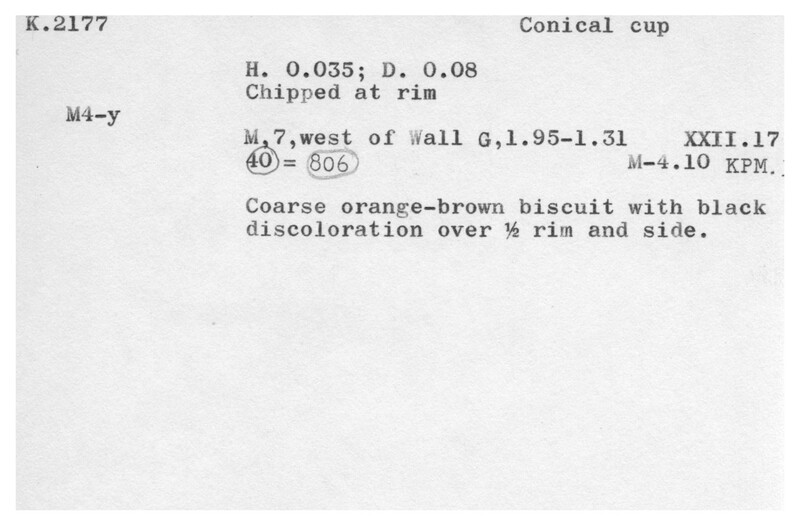 Index card with typed and handwritten information, sometimes including a sketch, of pottery from an excavation.