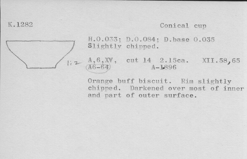 Index card with typed and handwritten information, sometimes including a sketch, of pottery from an excavation.