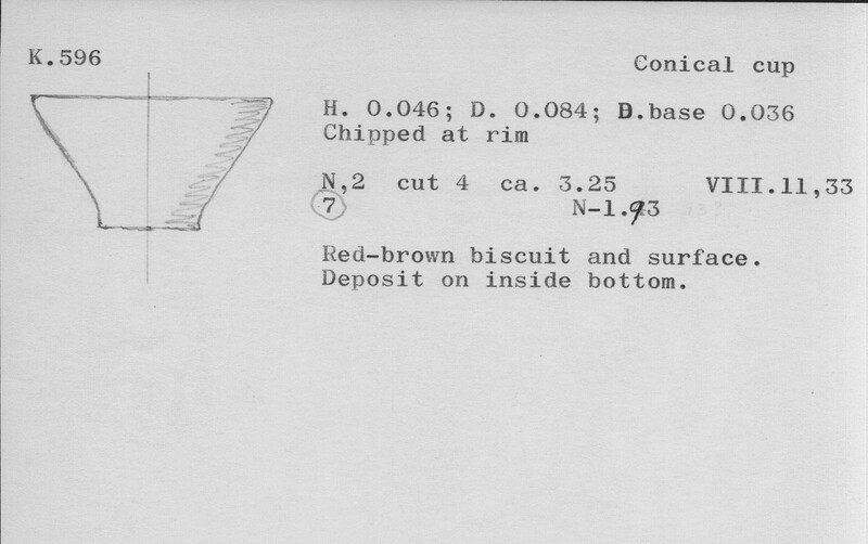Index card with typed and handwritten information, sometimes including a sketch, of pottery from an excavation.