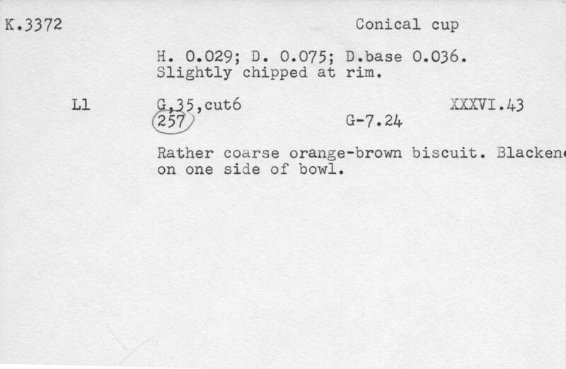 Index card with typed and handwritten information, sometimes including a sketch, of pottery from an excavation.