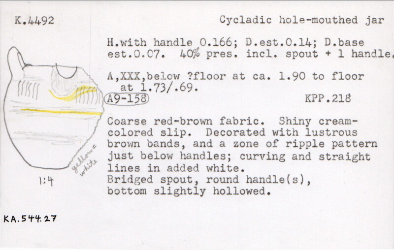 Index card with typed and handwritten information, sometimes including a sketch, of pottery from an excavation.