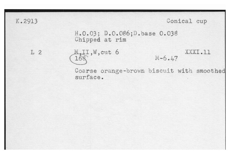 Index card with typed and handwritten information, sometimes including a sketch, of pottery from an excavation.