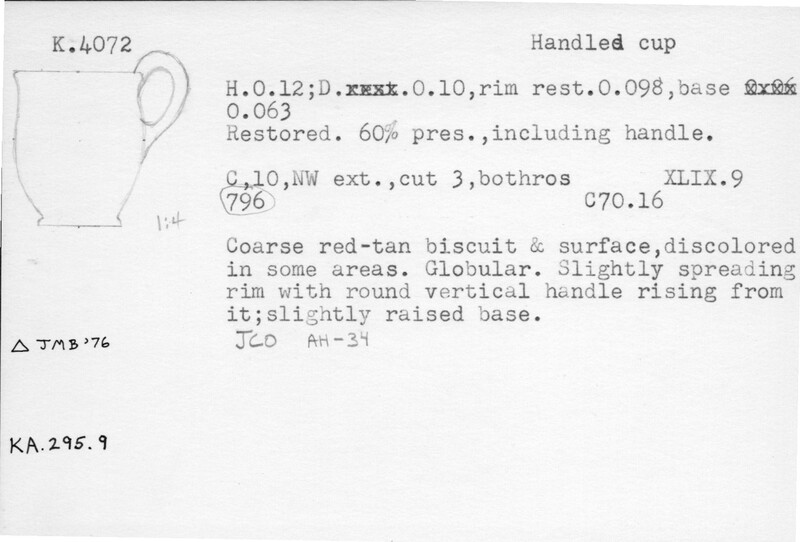 Index card with typed and handwritten information, sometimes including a sketch, of pottery from an excavation.