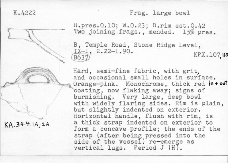 Index card with typed and handwritten information, sometimes including a sketch, of pottery from an excavation.