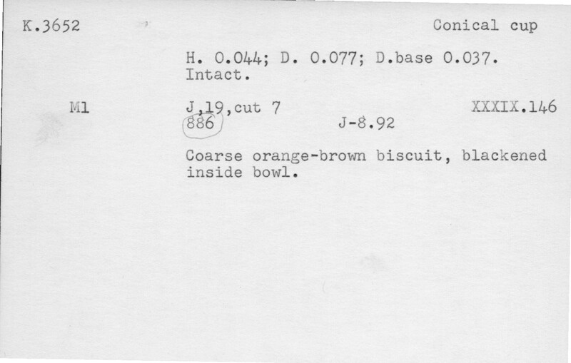 Index card with typed and handwritten information, sometimes including a sketch, of pottery from an excavation.