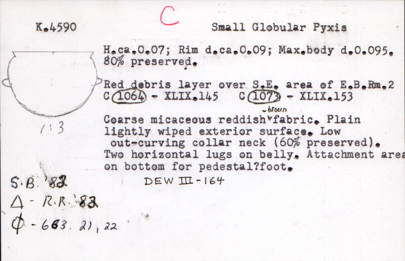 Index card with typed and handwritten information, sometimes including a sketch, of pottery from an excavation.
