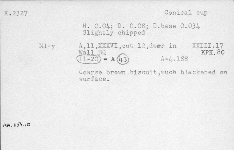 Index card with typed and handwritten information, sometimes including a sketch, of pottery from an excavation.
