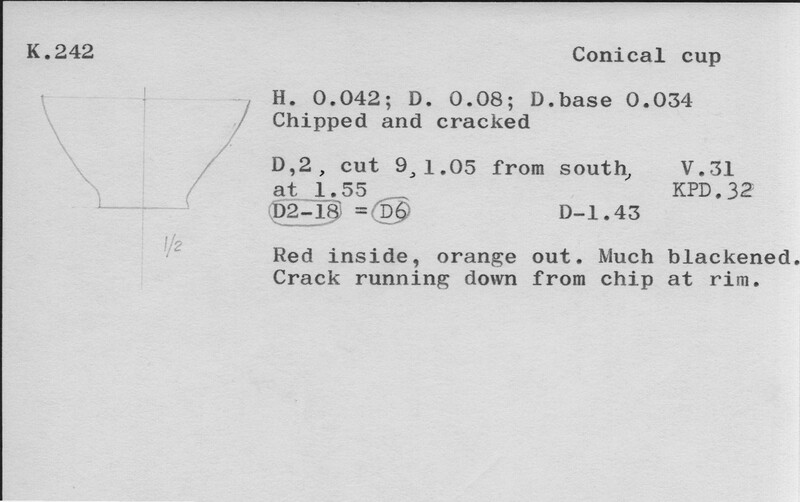 Index card with typed and handwritten information, sometimes including a sketch, of pottery from an excavation.