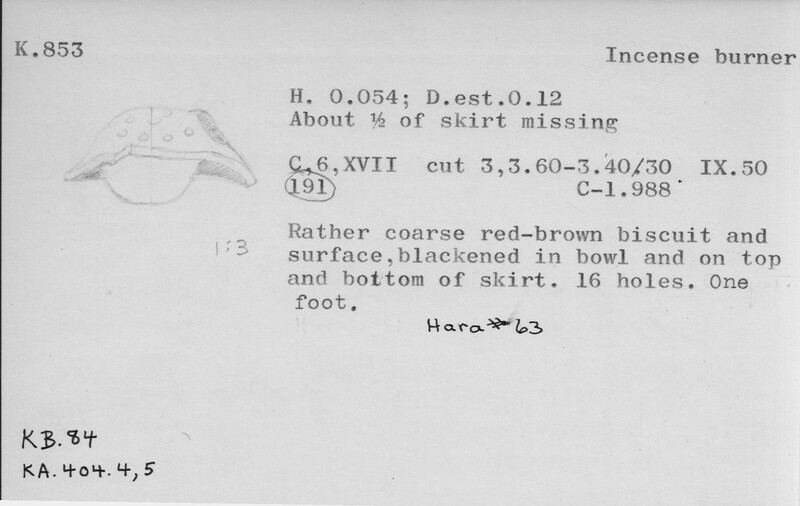 Index card with typed and handwritten information, sometimes including a sketch, of pottery from an excavation.