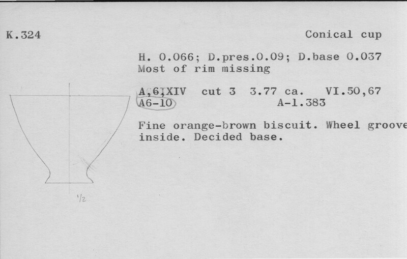 Index card with typed and handwritten information, sometimes including a sketch, of pottery from an excavation.