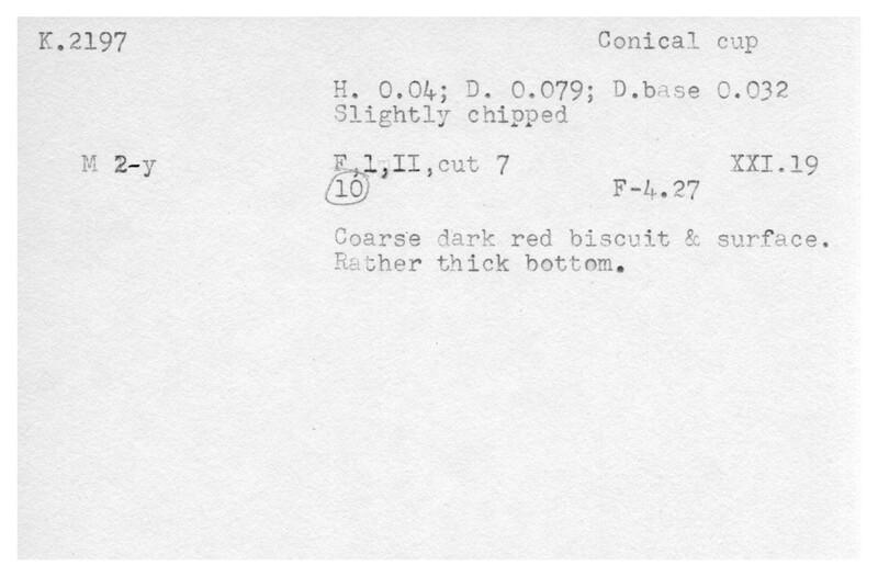 Index card with typed and handwritten information, sometimes including a sketch, of pottery from an excavation.