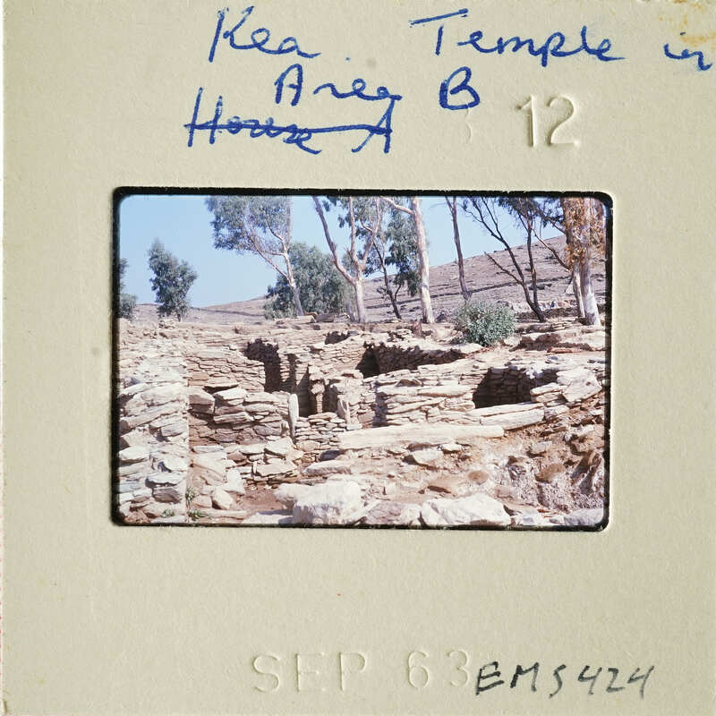 Ancient ruins with stone structures and trees, captured on an old photograph.