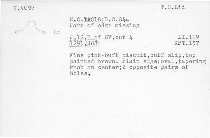 Index card with typed and handwritten information, sometimes including a sketch, of pottery from an excavation.
