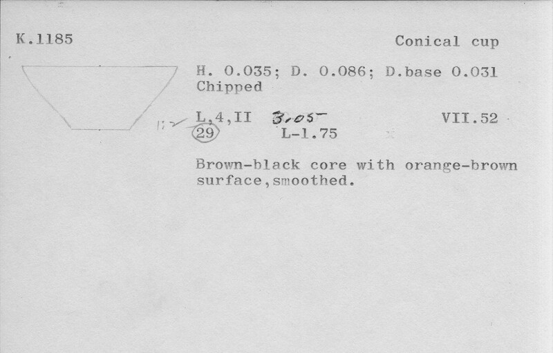 Index card with typed and handwritten information, sometimes including a sketch, of pottery from an excavation.