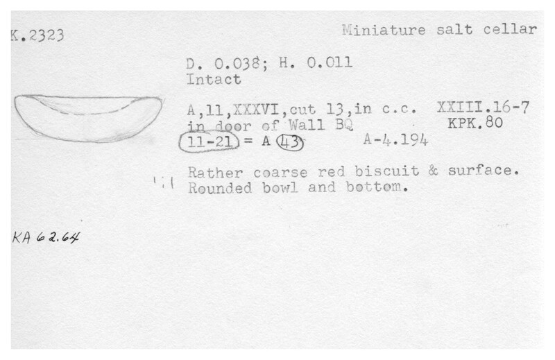 Index card with typed and handwritten information, sometimes including a sketch, of pottery from an excavation.
