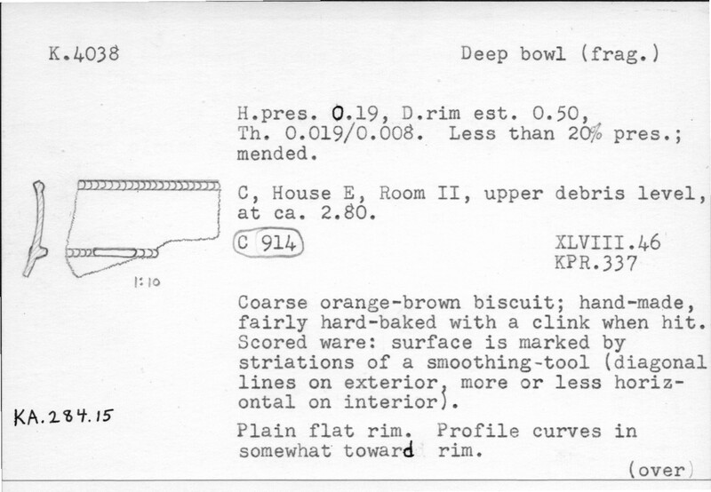 Index card with typed and handwritten information, sometimes including a sketch, of pottery from an excavation.